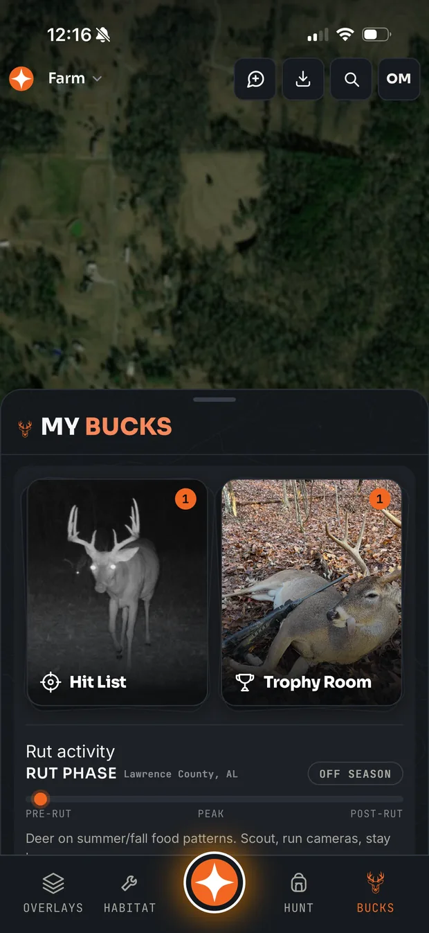 My Bucks hub with hit list, trophy room and live rut phase tracker