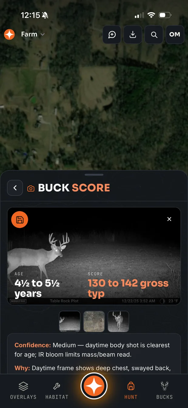 Buck Score estimating a buck at 4.5 to 5.5 years and 130 to 142 gross from a trail camera photo
