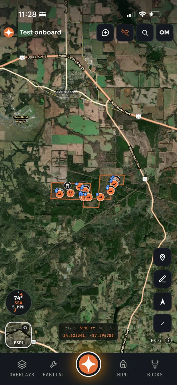 Contors aerial map of a hunting property with stands, cameras and boundaries