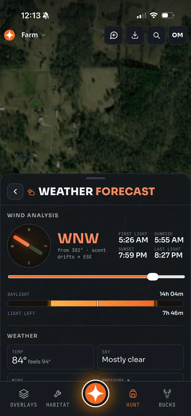 Wind analysis with scent drift, first light and last light for the day