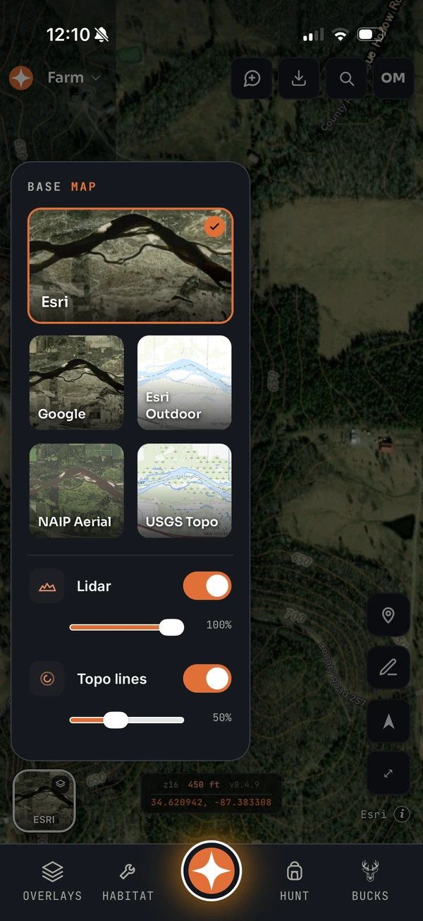 Base map picker with Esri, Google, NAIP aerial and USGS topo, plus LiDAR and topo line toggles