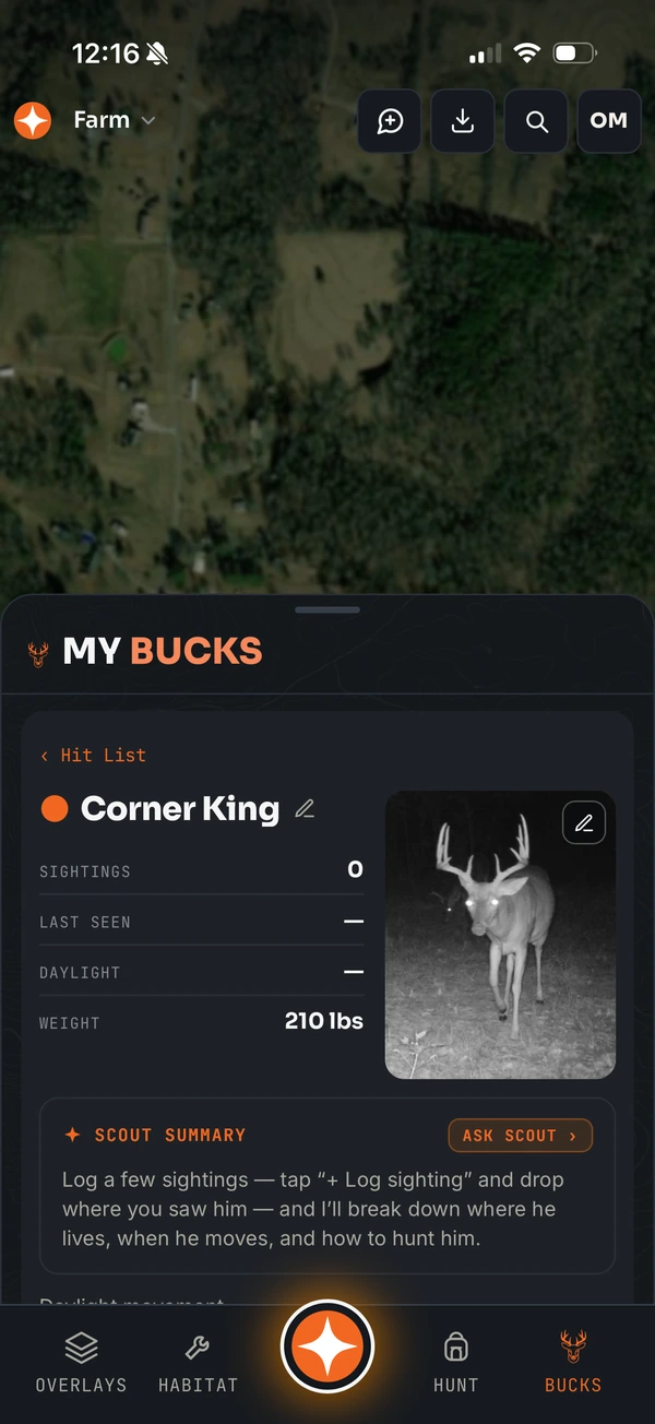 Buck profile for a target buck with sightings, weight and a Scout summary
