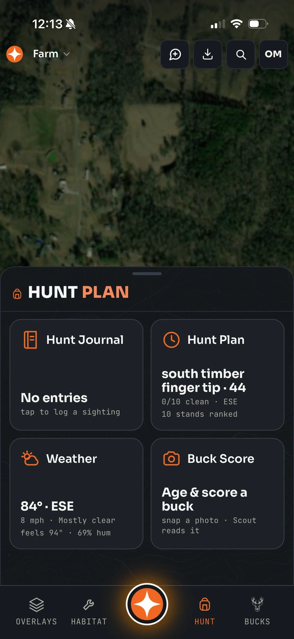 Hunt Plan hub with journal, stand ranking, weather and Buck Score cards