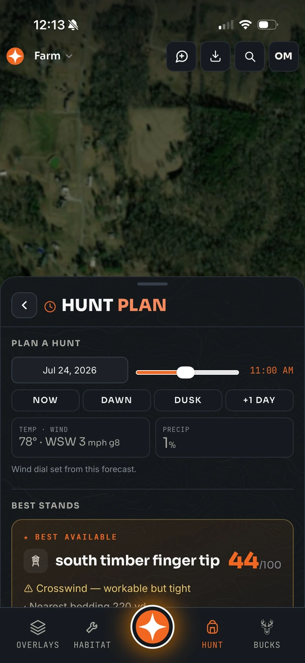Hunt Plan ranking stands for a chosen date and hour against that forecast wind