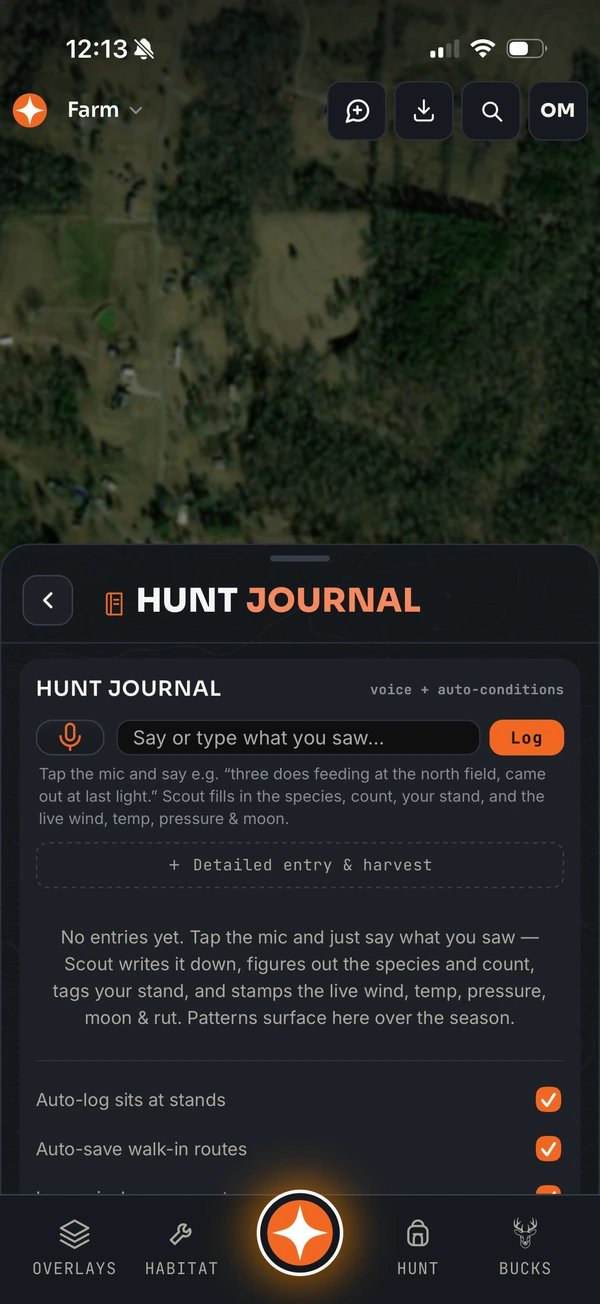 Hunt Journal logging sightings by voice, with conditions stamped automatically