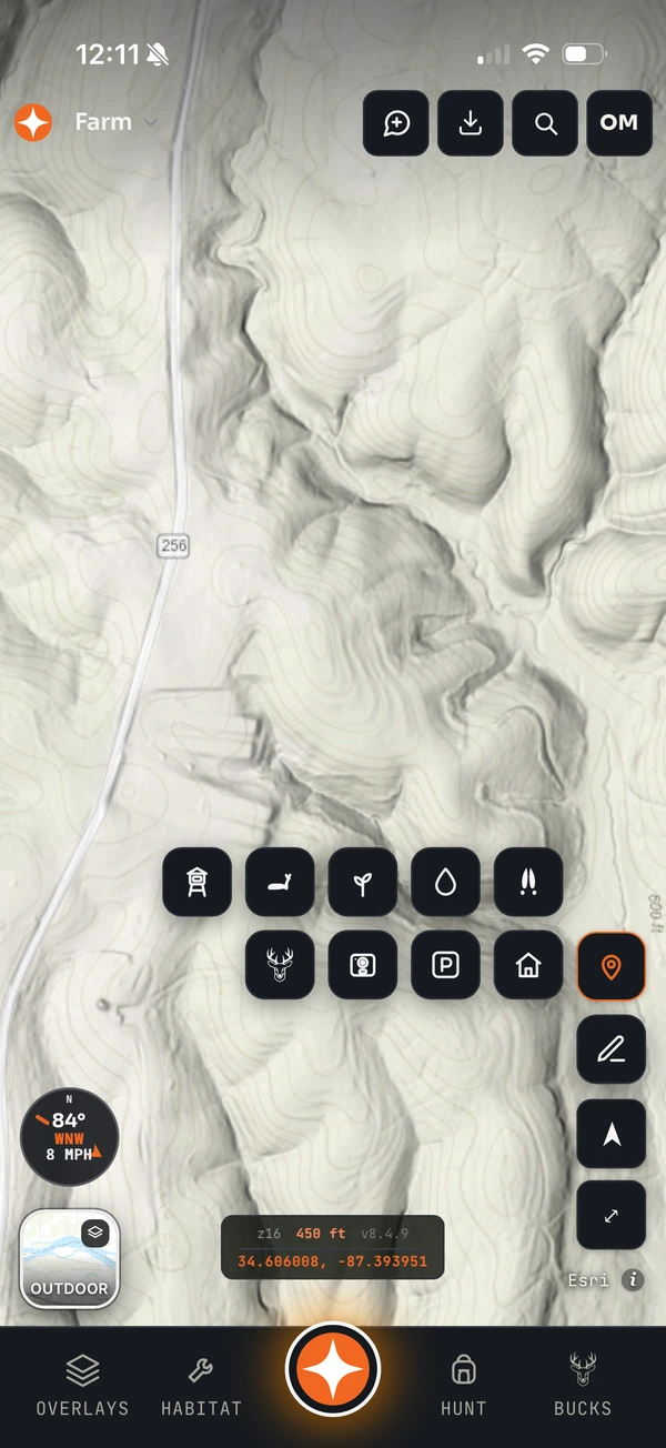 Marker palette for dropping stands, beds, food plots, water, sign, bucks, cameras, parking and structures