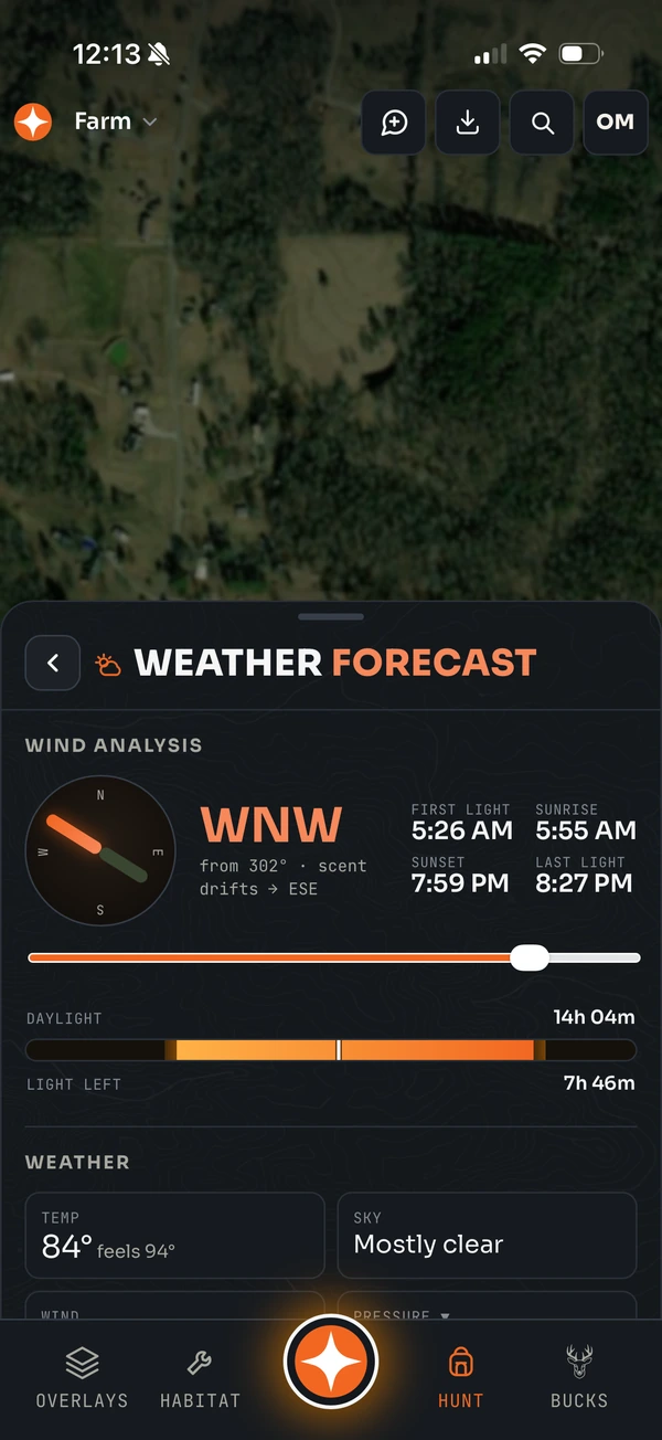 Weather forecast with wind analysis, scent drift direction, first light, sunset and daylight remaining