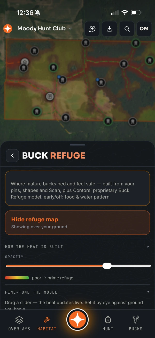 Buck Refuge Model heat map over a hunting property: red where pressure pushes bucks out, green where they bed and move in daylight
