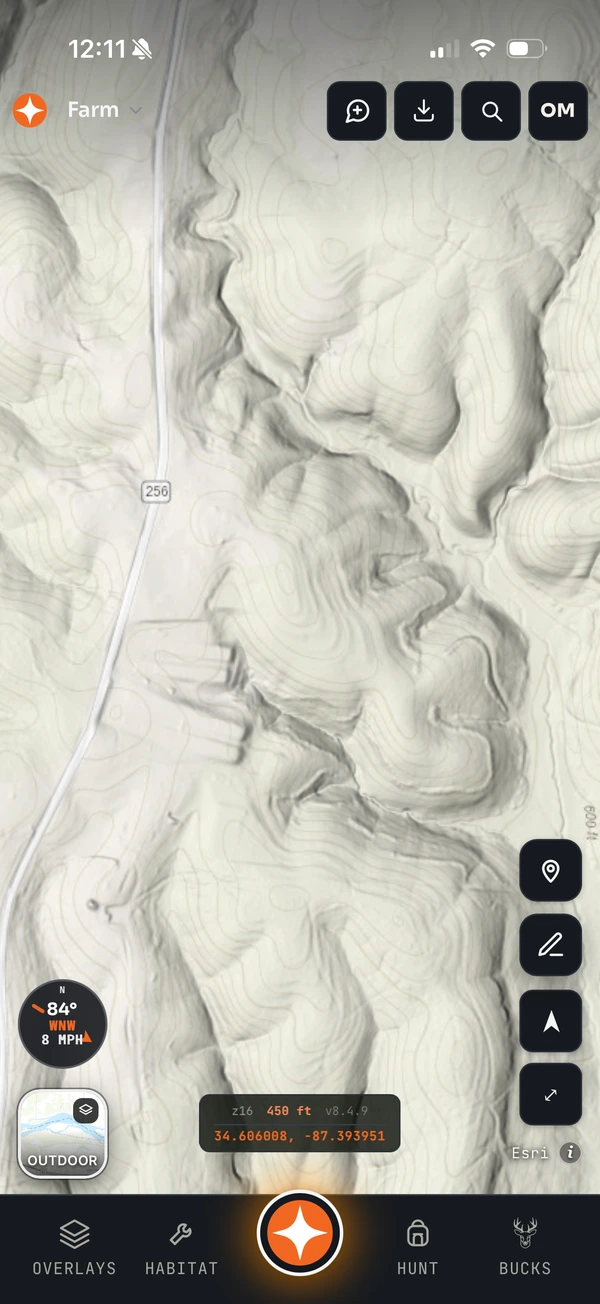 LiDAR bare-earth hillshade with contour lines revealing benches, draws and ridges under the canopy